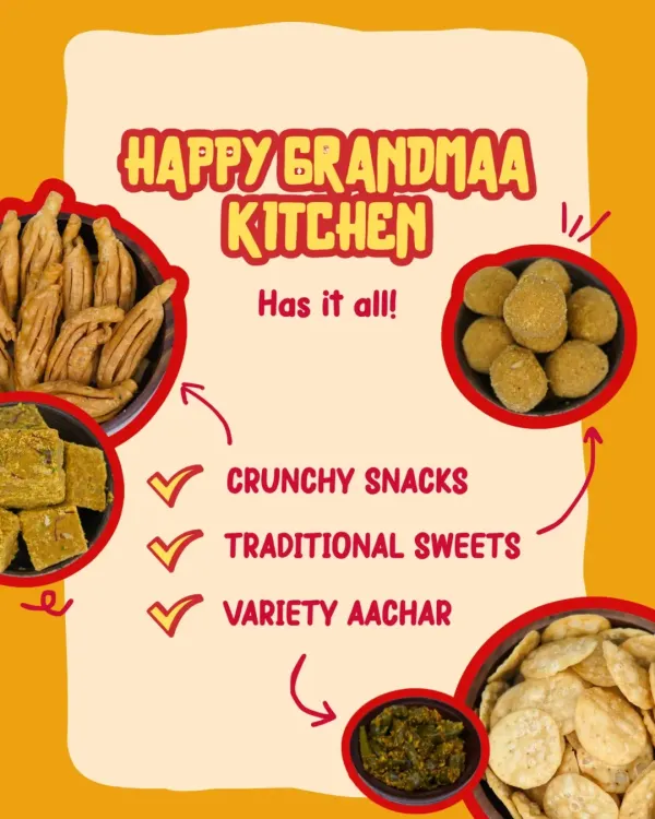 Wondering what to snack on? Happy Grandmaa Kitchen has it all. We offer a full range of crunchy snacks, traditional Marwadi sweets, and a variety of homemade achaars to satisfy every craving.