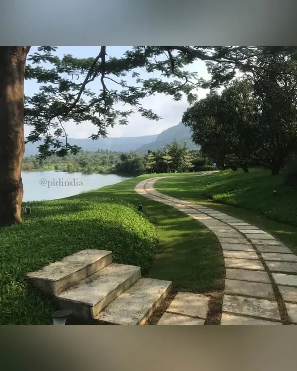 This winding stone pathway follows the gentle curve of a grassy slope alongside a lake. A large, mature tree provides a natural canopy, creating dappled light and a perfect spot to enjoy the tranquil water view.