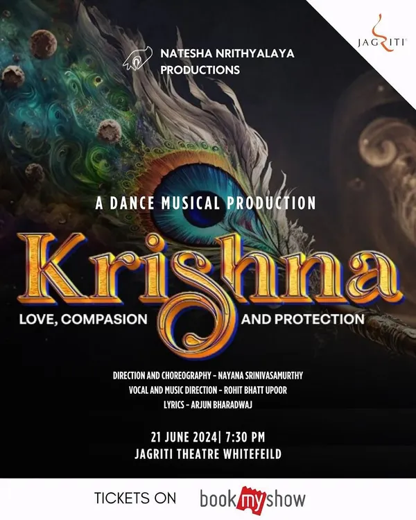 The official poster for our premiere of "KRISHNA: Love, Compassion, Protection" at Jagriti Theatre. The design, featuring Krishna's eye and a peacock feather, evokes the divine and mystical themes of the show.