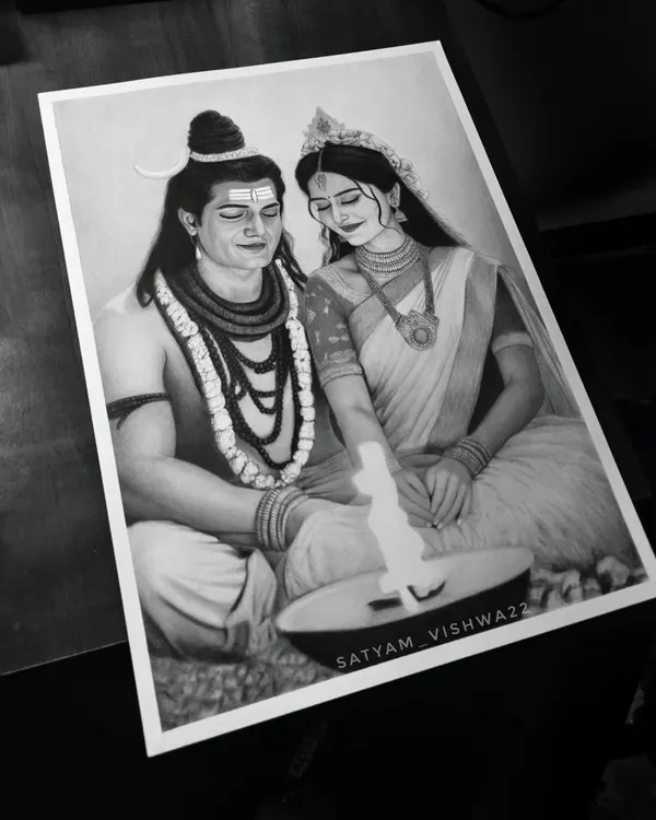 The final A3 size sketch of Shiva and Parvati sharing a moment of divine peace. This large-format piece allows for incredible detail in their expressions, attire, and the gentle flame between them.