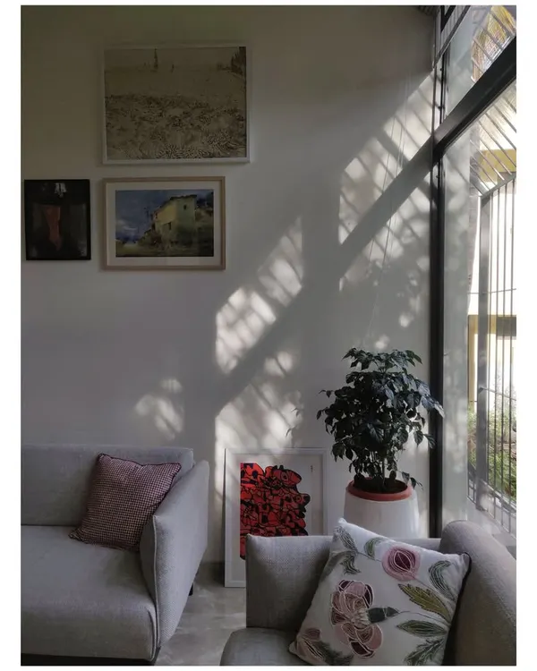 The morning sun casts dramatic shadows across the living room wall, interacting with the art and furniture. I design spaces to embrace the changing patterns of natural light throughout the day.