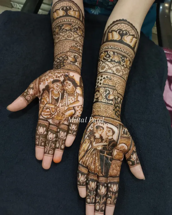 A stunning full bridal mehndi design featuring a custom couple portrait on one hand and a divine Shiva-Parvati portrait on the other, showcasing my specialty in detailed figure work.