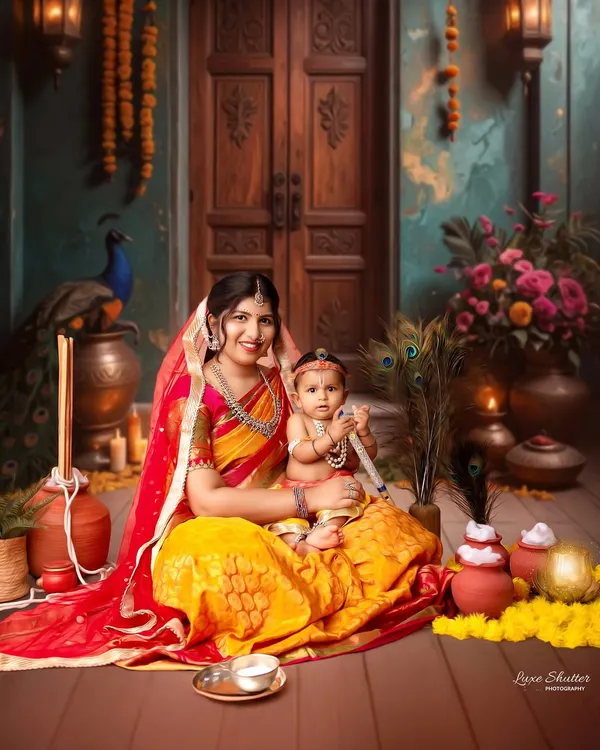 A fine art portrait of a mother and child styled as Yashoda and her beloved Krishna. The painterly editing style transforms this photo into a timeless piece of art.