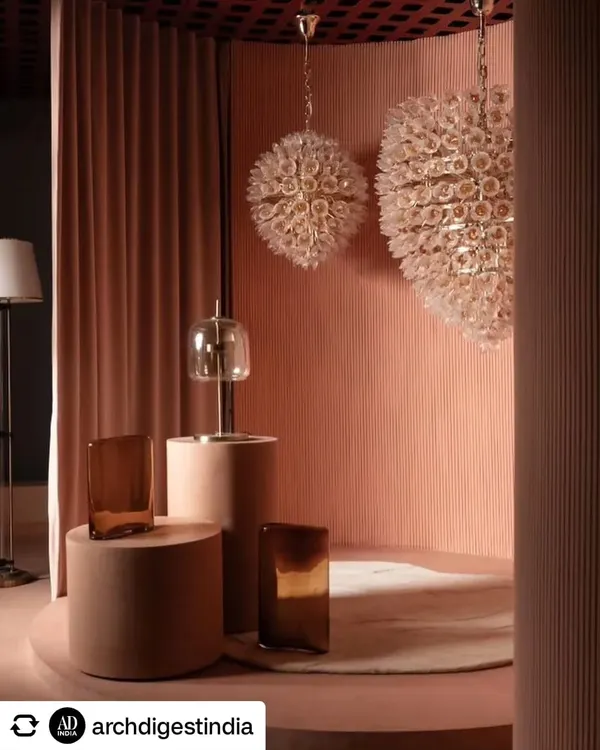 We designed this lighting showroom in Bengaluru to be a completely immersive experience. This corner, with its grand decorative chandeliers and soft, curved walls, creates a sense of wonder and encourages customers to truly feel the impact of beautiful lighting.