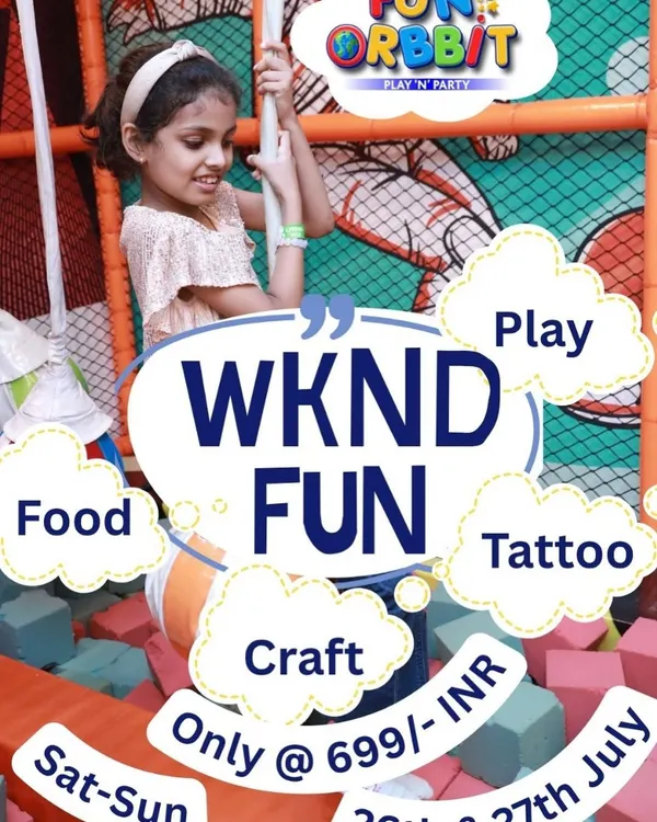 Our "WKND FUN" poster advertising a monsoon magic event with playtime, food, tattoos, and crafts to keep kids entertained on rainy weekends.