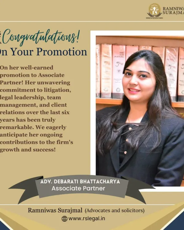 We are proud to announce the well-earned promotion of Adv. Debarati Bhattacharya to Associate Partner. Her unwavering commitment to litigation, legal leadership, and client relations over the last six years has been remarkable and is a testament to the excellence we cultivate at our firm.