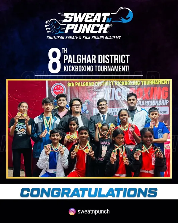 The entire Sweat N Punch team celebrating their well deserved victories at the district championship. This group photo captures the pride and camaraderie that defines our academy.