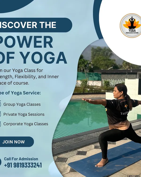 A poster detailing my services: Group Classes, Private Sessions, and Corporate Yoga, with a clear "Join Now" call to action.