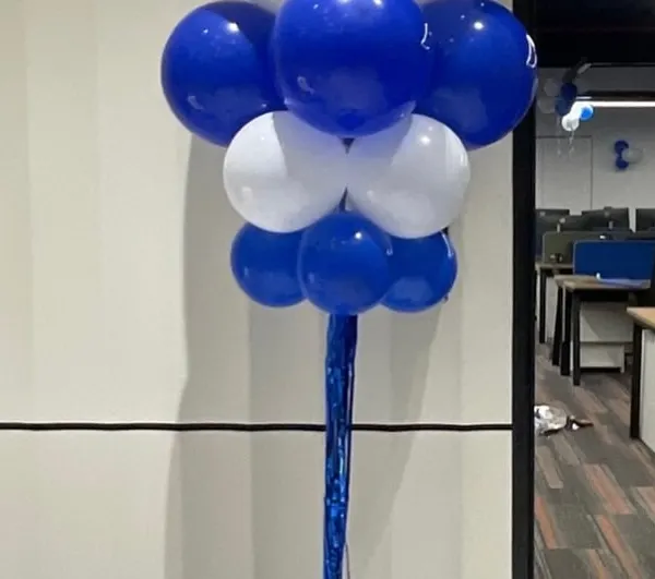 A simple and effective balloon standee for a corporate event. The blue and white color scheme matches the company's branding, creating a professional and festive atmosphere.