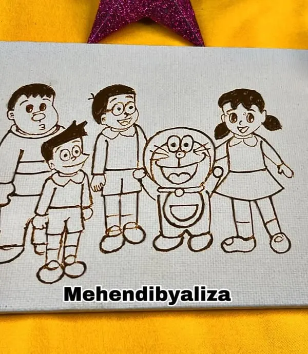 A nostalgic trip down memory lane with this Doraemon and friends henna art on canvas. A perfect piece for any cartoon lover.