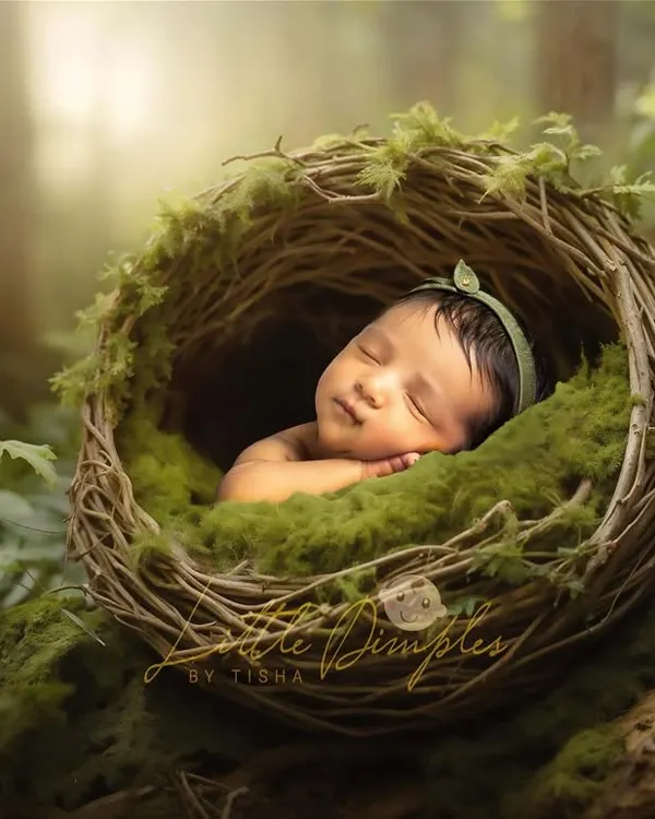 Tucked away in a mossy nest, this little one looks so peaceful. I use a combination of physical props and digital artistry to create these enchanting nature-themed newborn portraits.