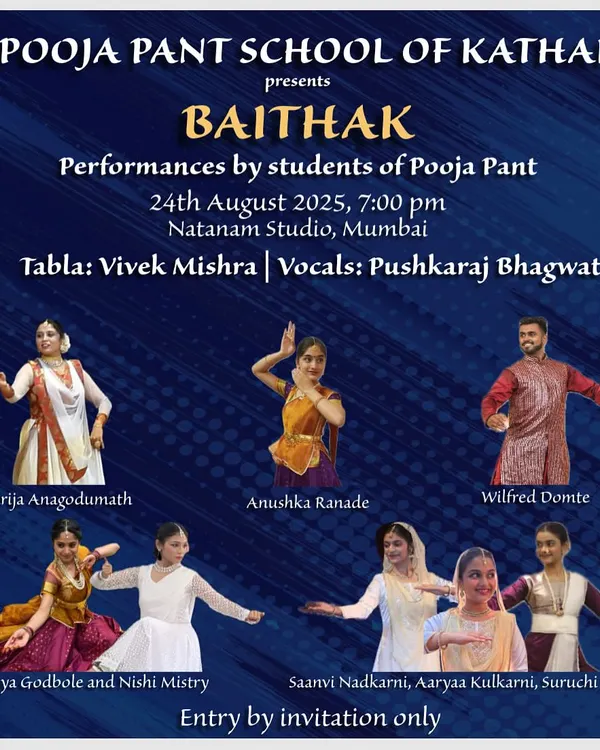 This is the invitation for 'Baithak', an intimate performance showcase for my students. It's a wonderful opportunity for them to present their skills in a traditional setting with live tabla and vocal accompaniment.