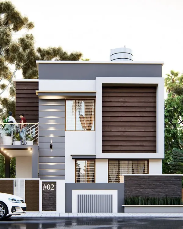 The 3D render I created for this project, showing a compact modern home with a distinctive wood-paneled feature.