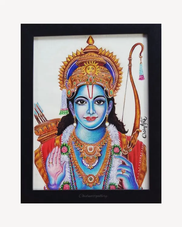 A fully framed, intricate color pencil drawing of Lord Rama. I paid close attention to the details of his jewelry, crown, and serene expression to create a piece worthy of devotion.