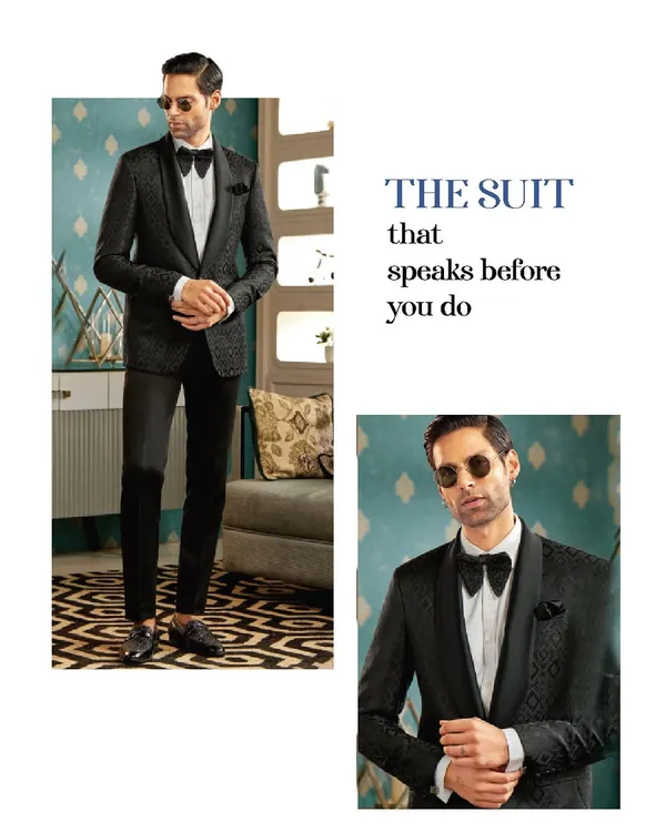 This is the suit that speaks before you do. A powerful silhouette and a perfect fit, this black textured tuxedo is made to own the room with its sharp shawl collar and confident styling.