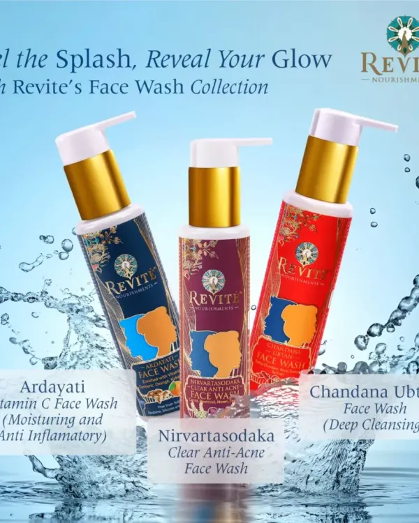 Feel the splash and reveal your glow. My face wash collection is designed to cater to your skin's unique needs, whether it's deep cleansing with Chandana Ubtan, fighting acne with Nirvartasodaka, or moisturizing with Ardayati Vitamin C.