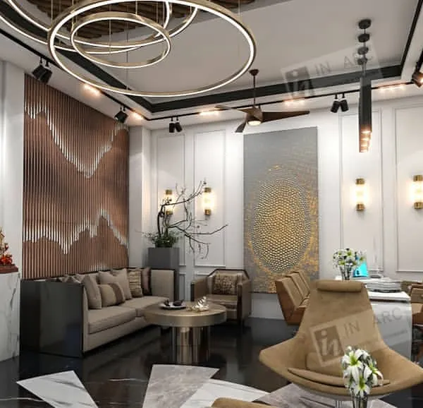 This proposed design for a director's office embodies our approach to luxury. We combined a dramatic feature wall, layered lighting with a statement chandelier, and a mix of plush and structured furniture to create a powerful yet inviting executive space.