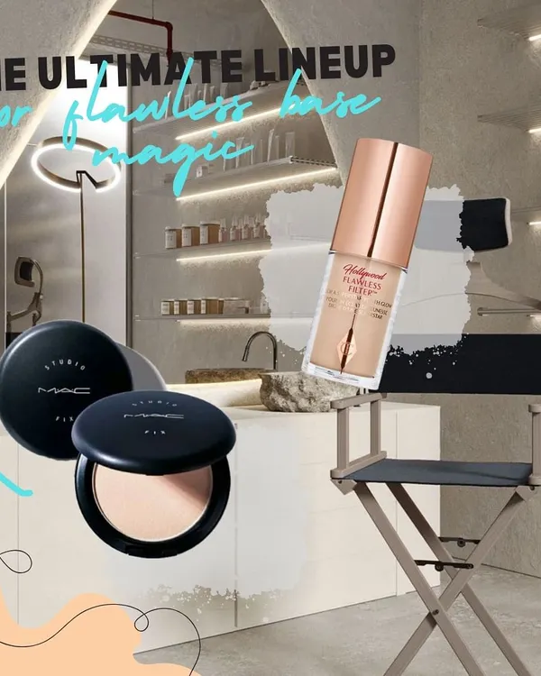 This is the ultimate lineup for flawless base magic. The MAC Studio Fix compact and Charlotte Tilbury Flawless Filter are two products I constantly reach for to create a smooth, radiant canvas.