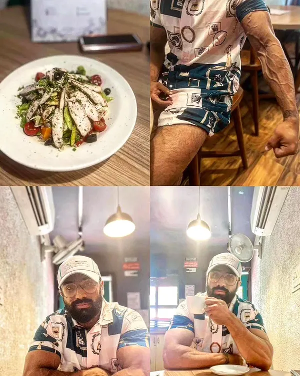 A collage showing a healthy, high-protein meal and the results: veins popping. Nutrition is 70% of the game, and I guide my clients on what to eat to get lean and muscular.