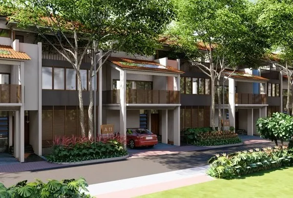 A streetscape rendering for a contemporary villa development. We design streets that are lined with trees and greenery, creating a pleasant and shaded environment that encourages walking and social interaction.