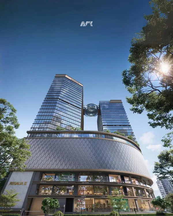 This is Nakshatra Regalia II, an upcoming mixed-use landmark in GIFT City. My design approach here was to create a bold statement that combines business, leisure, and retail into a single, cohesive structure. The two towers, connected by a signature globe restaurant, are designed with a refined palette of glass and metal to create a sense of timeless elegance while shaping a new icon for the city.