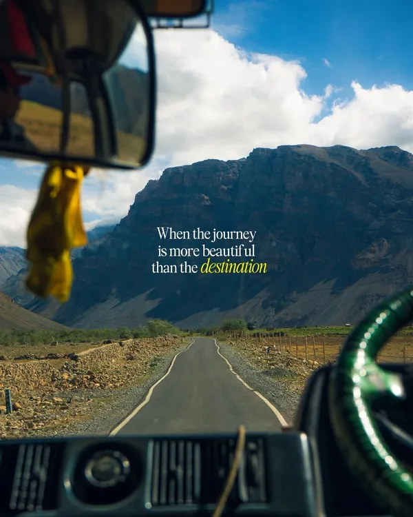 This shot from a bus in Spiti Valley perfectly captures the feeling that the journey is more beautiful than the destination. I use framing and text overlays to add a narrative layer to my travel photography.