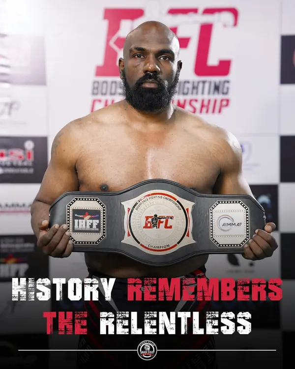 History remembers the relentless. This is me with the BFC championship belt, a symbol of the hard work and dedication I bring to my own training and to every fighter at my club.