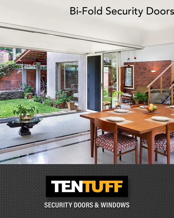 Our Bi-Fold Security Doors transform your living space, creating a seamless transition to your garden or patio. This installation shows how the doors stack neatly to one side, maximizing your opening for entertaining or simply enjoying the outdoors, all while offering complete security when closed.