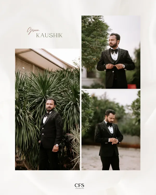 A collage of the groom, Kaushik, looking sharp in his black tuxedo. These portraits capture his confident style and the moments just before the reception.