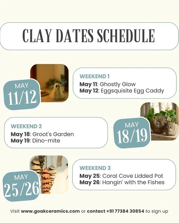 Here is a look at our 'Clay Dates' schedule for May. We offer a variety of one day workshops like making ghost-themed incense burners, egg caddies, Groot planters, and fish-themed wall hangings.
