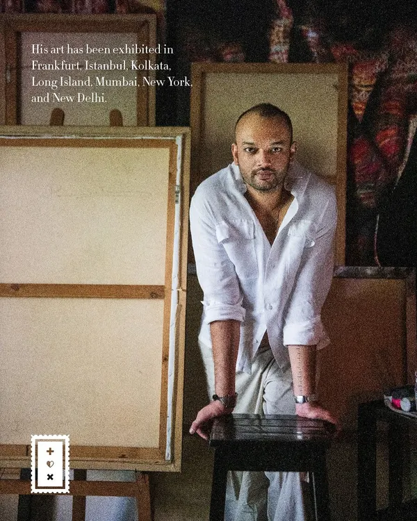 A portrait of artist Pushkar Thakur in his creative space. The text overlay shares a piece of his story, and the image captures his focused intensity, surrounded by his canvases.