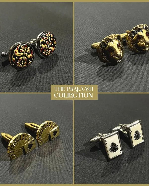 A glimpse into our exclusive men's cufflinks collection. This set highlights four distinct styles: intricate traditional motifs, 3D sculpted antique gold animal heads, playful fan-of-cards designs, and classic enamel playing card emblems.