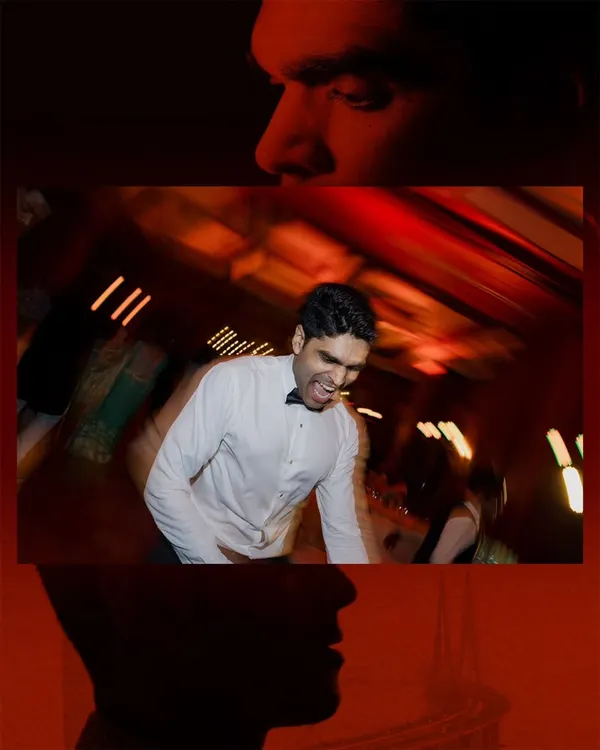 An artistic, multi-panel image capturing the high energy of the groom dancing at the Sangeet. The motion blur and intense red lighting convey the excitement and joy of the celebration.