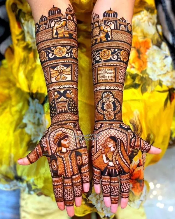 This is where your story comes to life. I specialize in detailed portrait mehndi, capturing the bride and groom in stunning detail, surrounded by traditional Rajasthani patterns.