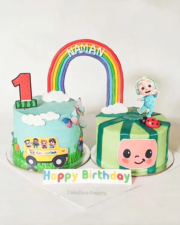Cocomelon is such a popular theme for first birthdays. For this celebration, I made two separate cakes, one with the iconic watermelon and another with the yellow school bus, connected by a beautiful fondant rainbow.