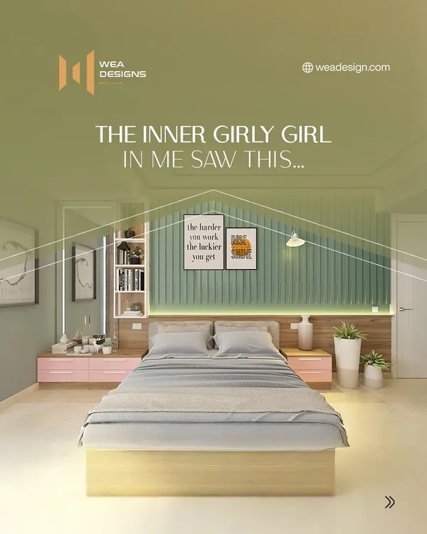 This bedroom combines a soft green fluted headboard wall with light wood and touches of pink for a chic and modern feel. The design includes integrated bedside tables and shelving for a clean, uncluttered look.