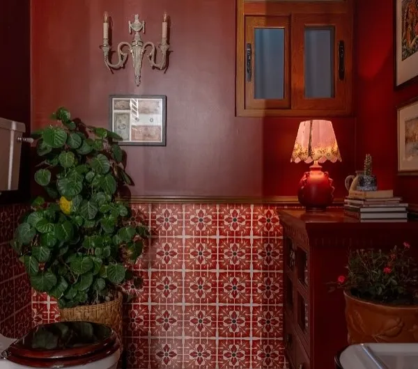 Why shouldn't a bathroom have character? For this space, I chose a deep, dramatic red for the walls and paired it with bold patterned tiles. The vintage-style sconce and lamp add a warm, moody glow, turning a functional room into a memorable experience.