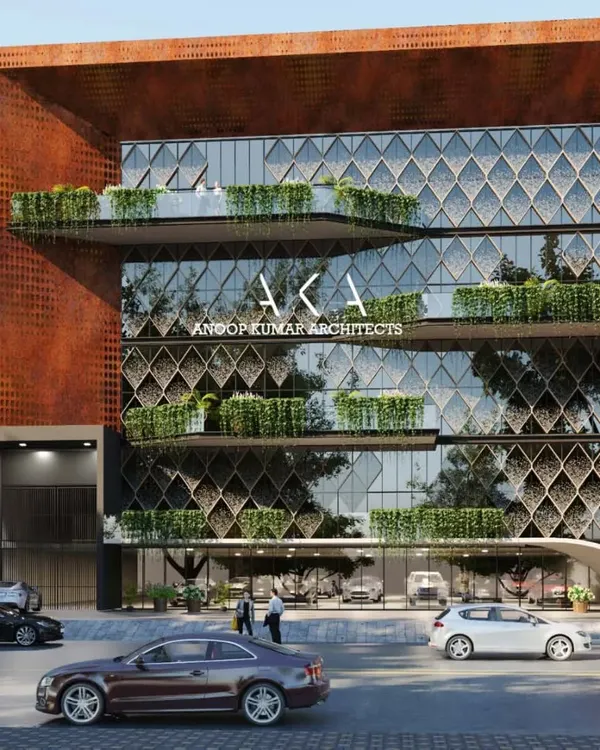 This 1000 sqm office building in Gurgaon's IT hub features a striking diamond-patterned glass facade. The design includes cantilevered green balconies, providing breakout spaces for employees and integrating nature into a high-tech corporate environment.