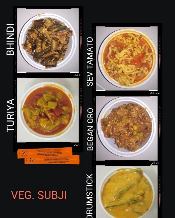 Here is a sample of the different vegetable curries, or sabjis, I make. You can see Bhindi Masala, Sev Tamato, Turiya, Ringan no Oro (baingan bharta), and Drumstick curry, all cooked fresh for your daily tiffin.