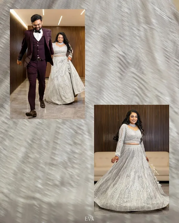 A collage showing the couple's grand entrance at their wedding reception and a beautiful solo portrait of the bride in her glittering lehenga.