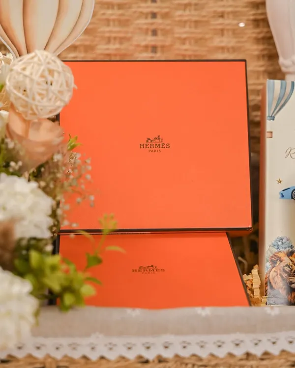 A luxe hamper I curated for a very special baby announcement. Every detail, from the designer box to the flowers, was chosen to whisper joy, elegance, and celebration for the new arrival.