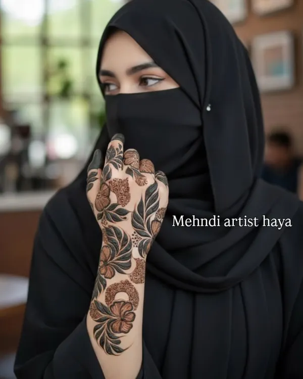 A beautiful client photo showcasing a bold Arabic floral design. The pattern flows elegantly along the side of the hand and wrist, a perfect accessory for her outfit.