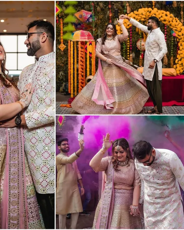 The Mehendi ceremony is all about fun and celebration. This collage captures the couple's joyful dance, their grand entrance with smoke bombs, and a quiet, loving moment together.