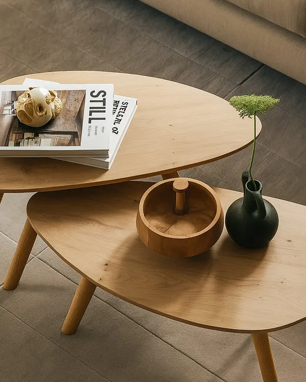 A beautifully styled shot of my nested oak coffee tables. Their organic shape and simple design allow the natural beauty of the wood to stand out, perfect for a contemporary home.