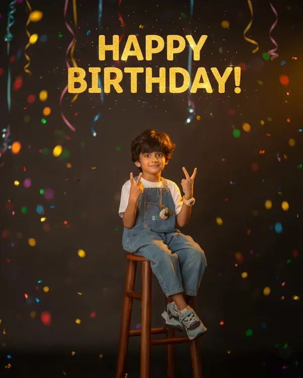 A cool and confident birthday boy posing against a dark backdrop with colorful confetti. This studio setup is great for creating a celebratory party vibe.