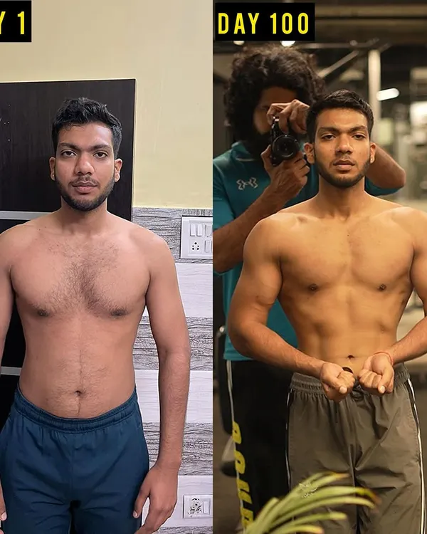 Meet Mohit. In 100 days, we took him from skinny-fat to a defined, aesthetic physique. This before and after shot shows the significant muscle gain and fat loss achieved through my body recomposition program.