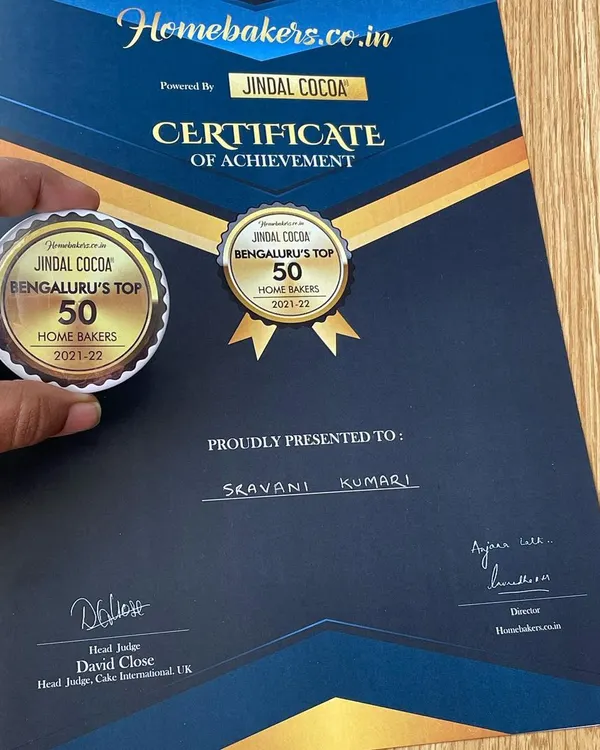 Holding this certificate and award for being one of Bengaluru's Top 50 Home Bakers feels like a dream. We are so grateful to our clients and family for their support on our baking journey.