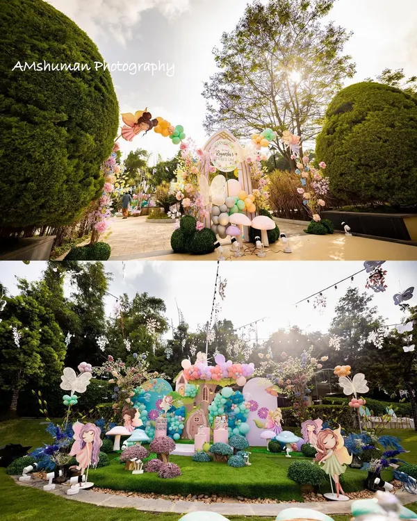 A wide view of our breathtaking fairyland setup. I use a mix of large-scale props like the fairy treehouse and smaller details like character cutouts and floral arrangements to completely transform your garden into an enchanted forest.