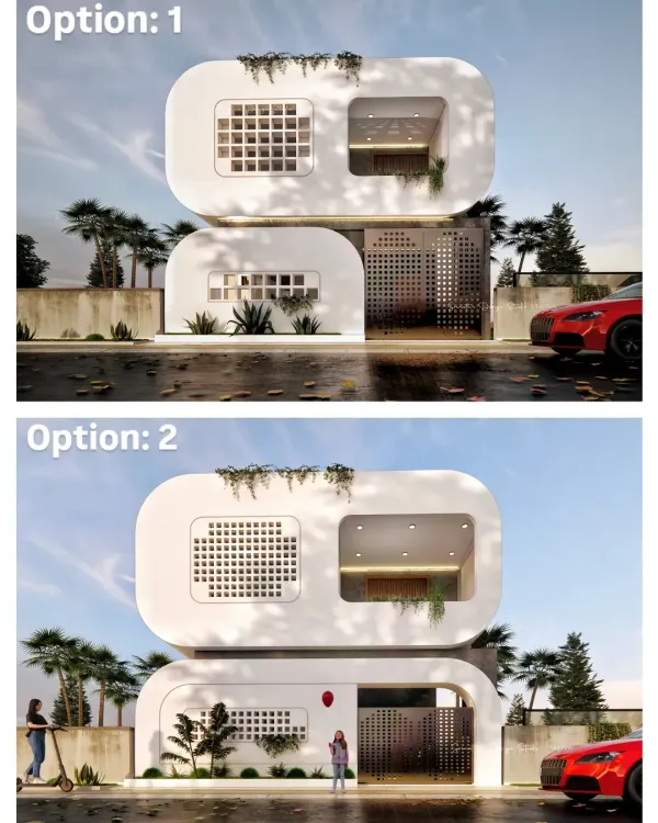 Can't decide on the details? This image presents two design options for a unique 30'x40' home, allowing the client to vote on their preferred facade details.