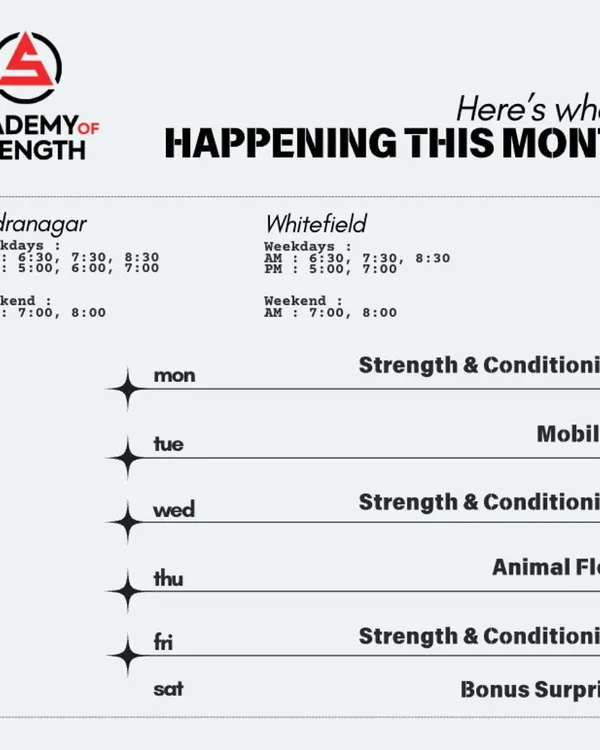 Here's what's happening this month. Our weekly schedule includes Strength & Conditioning, Mobility, Animal Flow, and a bonus surprise on Saturdays. We have convenient morning and evening batches at both our Indranagar and Whitefield locations.